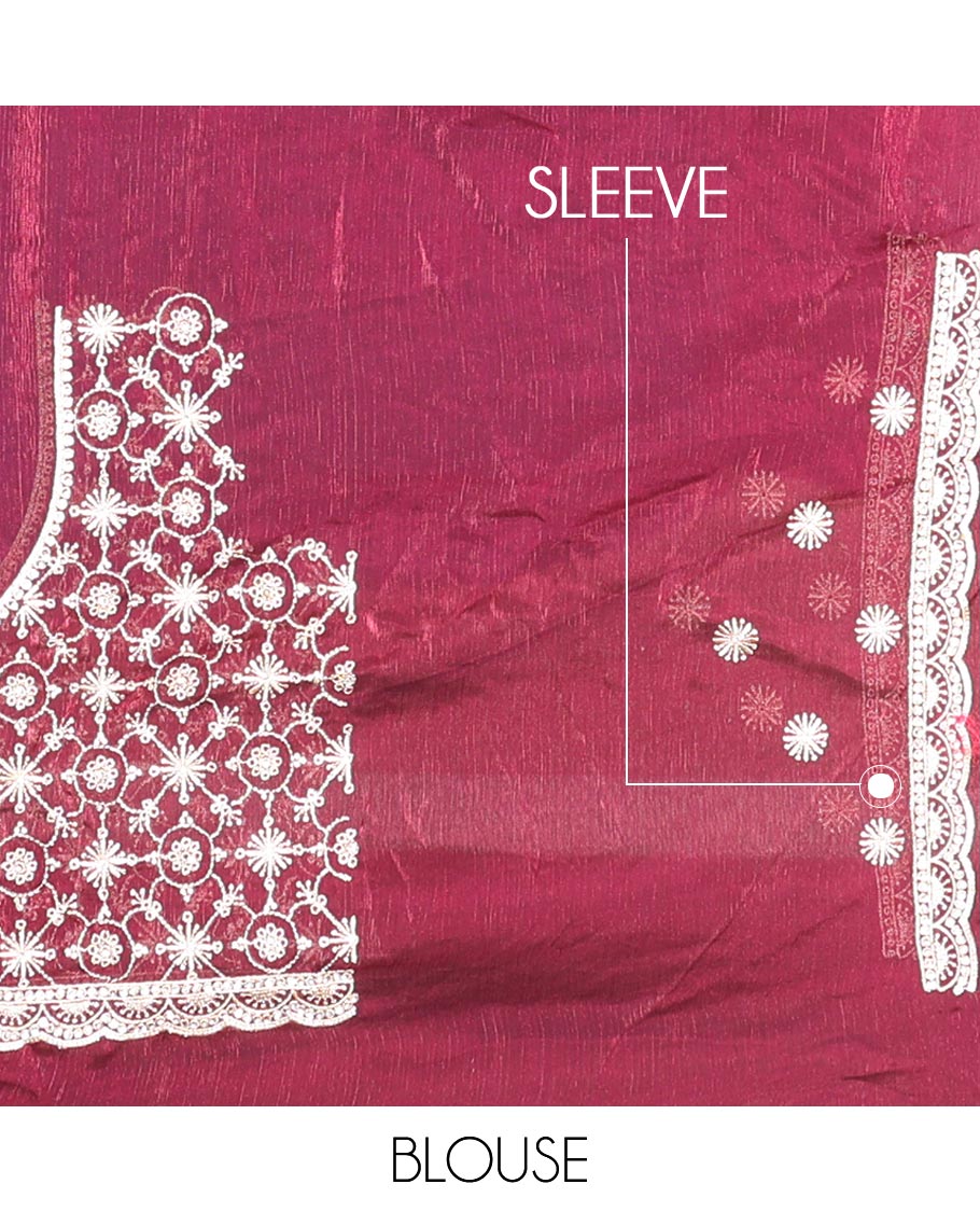 Wine intricately golden thread embroidered designer saree, scallop golden thread embroidered border