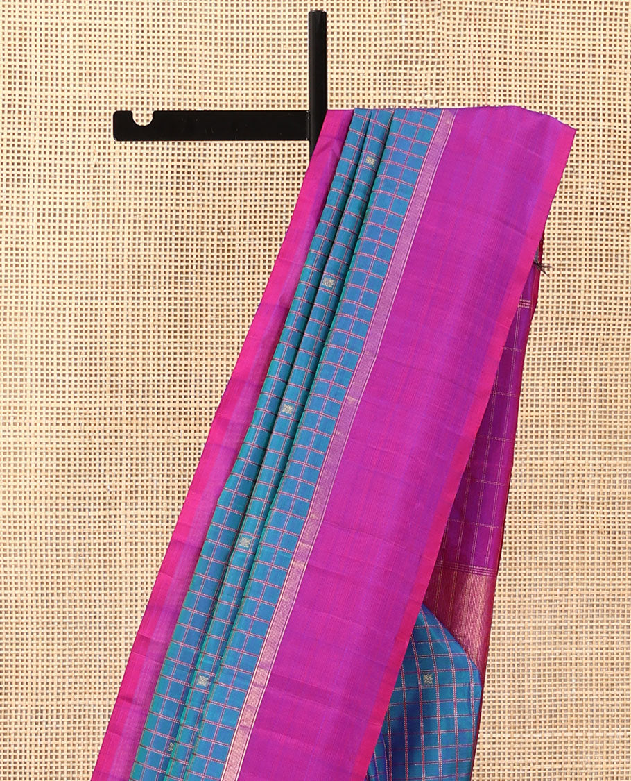 Blue checked and zari buttas Kanchipuram silk saree, contrast kal erangina border, and zari design pallu