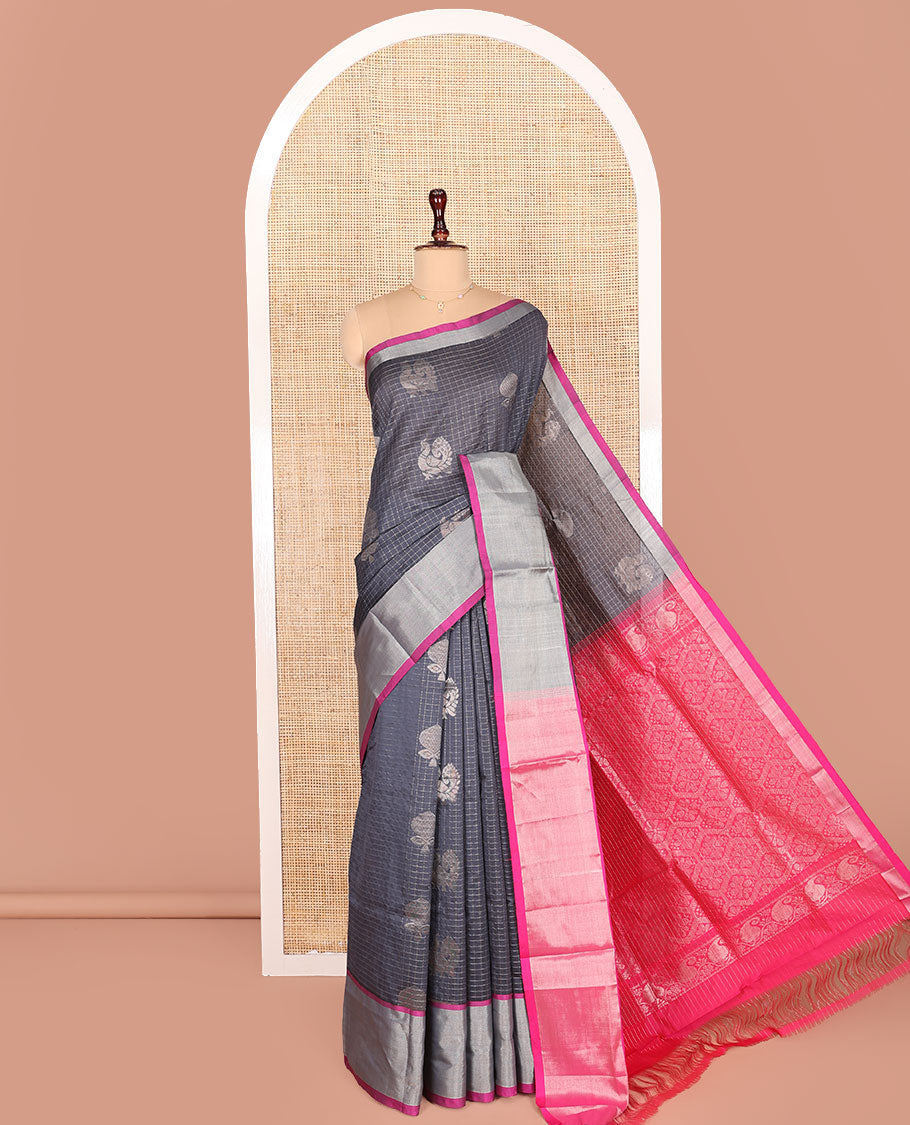 Grey Kuppadam Cotton Saree, Prettified with Butta Enclosed Checks All Over Its Body, Complemented by Bavanji Border, Contrast Pallu of Ogee Patterns, and Paired with a Contrast Blouse