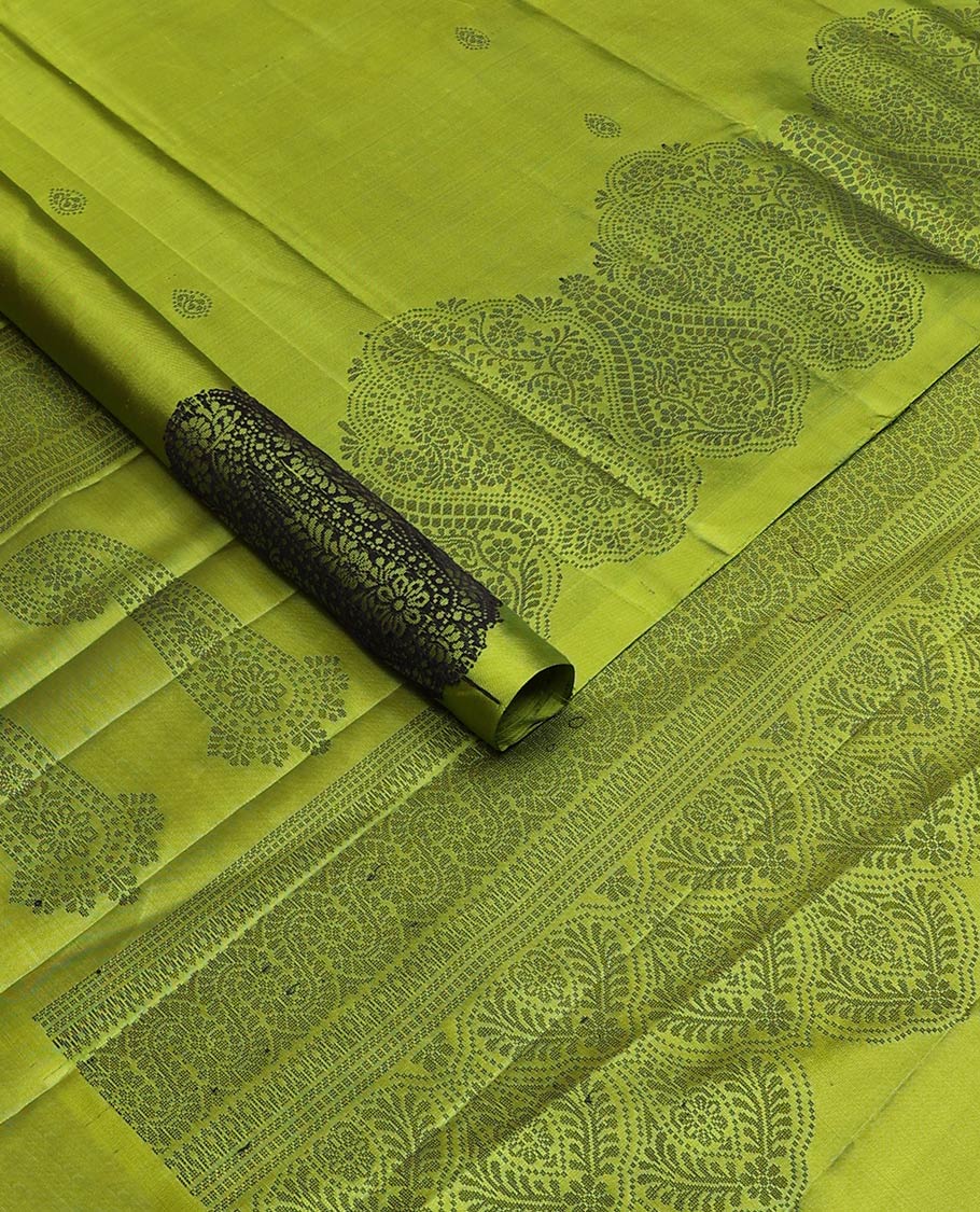 Green buttas soft silk saree, self-border, and pallu of intricate designs