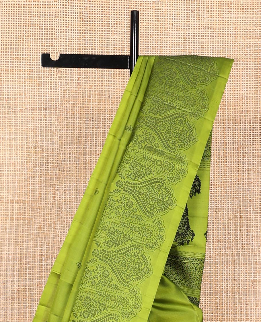 Green buttas soft silk saree, self-border, and pallu of intricate designs