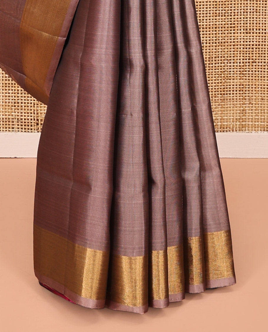 Grey Mayuri Lite Silk Mix Saree, Subtly Sparkled with Buttas on Its Body, Highlighted by Zari Bavanji Border, Complemented by a Contrast Pallu of Intricate Designs, and Paired with a Contrast Blouse