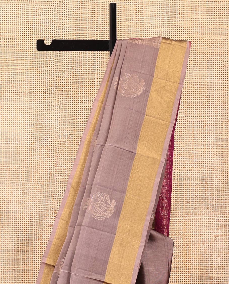 Grey Mayuri Lite Silk Mix Saree, Subtly Sparkled with Buttas on Its Body, Highlighted by Zari Bavanji Border, Complemented by a Contrast Pallu of Intricate Designs, and Paired with a Contrast Blouse
