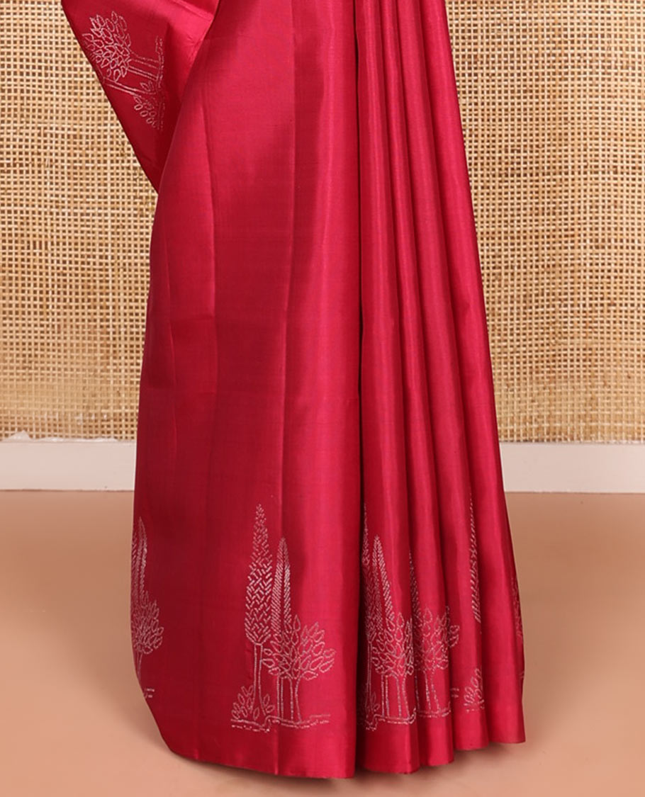 Borderless red tree buttas soft silk saree, contrast intricately designed pallu