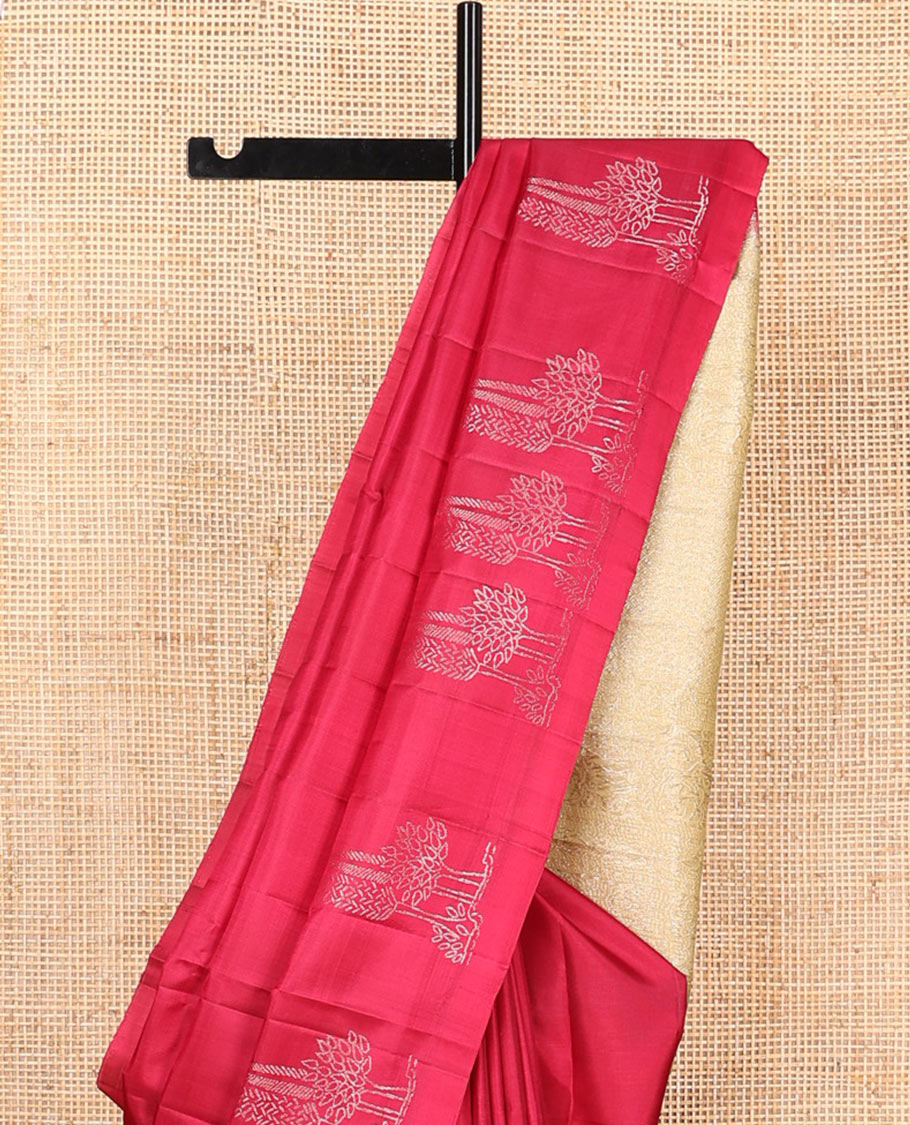 Borderless red tree buttas soft silk saree, contrast intricately designed pallu