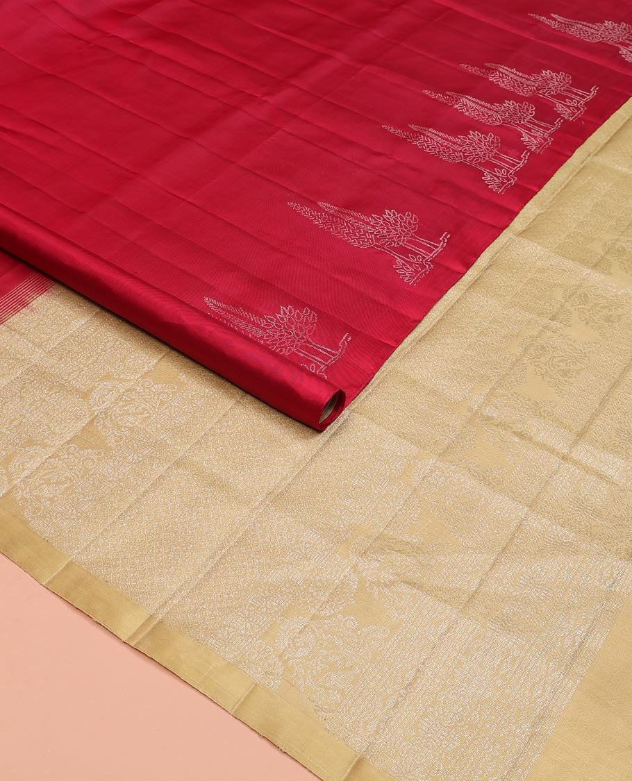 Borderless red tree buttas soft silk saree, contrast intricately designed pallu