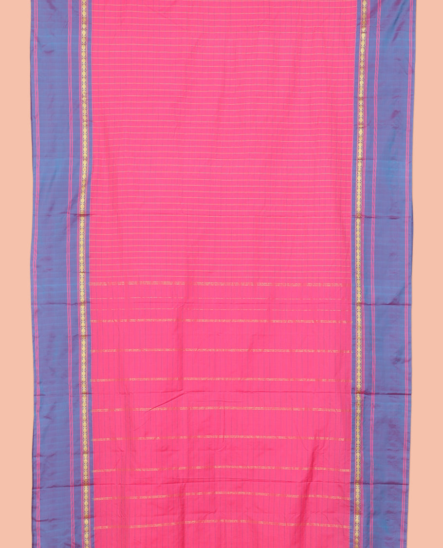 Pink Ten Yard Saree, Elevated with Checks, a Contrast Rudraksham Border, Pallu of Stripes, and No Blouse