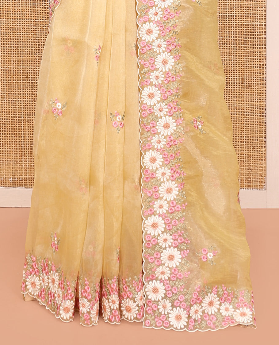 Yellow Organza Saree, Boldly Accentuated with Flower-Color Thread Embroidery, a Scallop Border, and a Matching Blouse