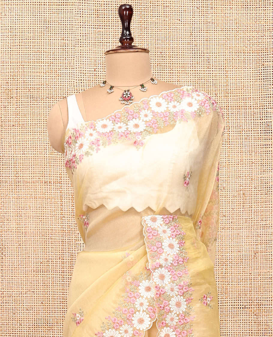 Yellow Organza Saree, Boldly Accentuated with Flower-Color Thread Embroidery, a Scallop Border, and a Matching Blouse