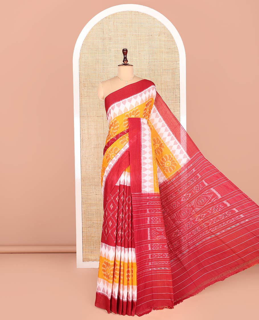 Red Odisha Cotton Saree Featuring Jaal Patterns All Over the Body, Complemented by a Contrast Temple Border of Floral Designs, Pallu Features Diamond Patterns in a Hazily Woven, and Has No Blouse