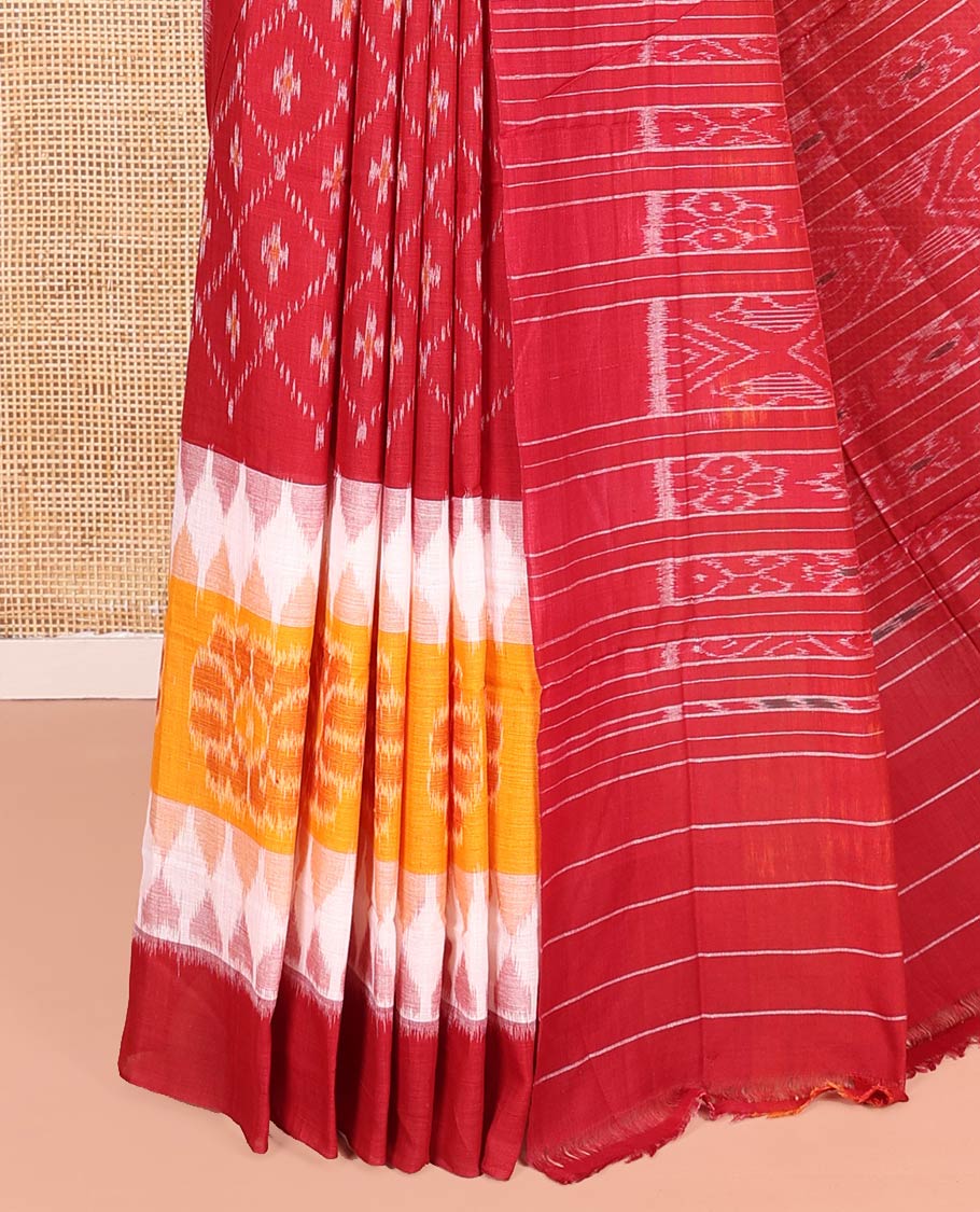 Red Odisha Cotton Saree Featuring Jaal Patterns All Over the Body, Complemented by a Contrast Temple Border of Floral Designs, Pallu Features Diamond Patterns in a Hazily Woven, and Has No Blouse