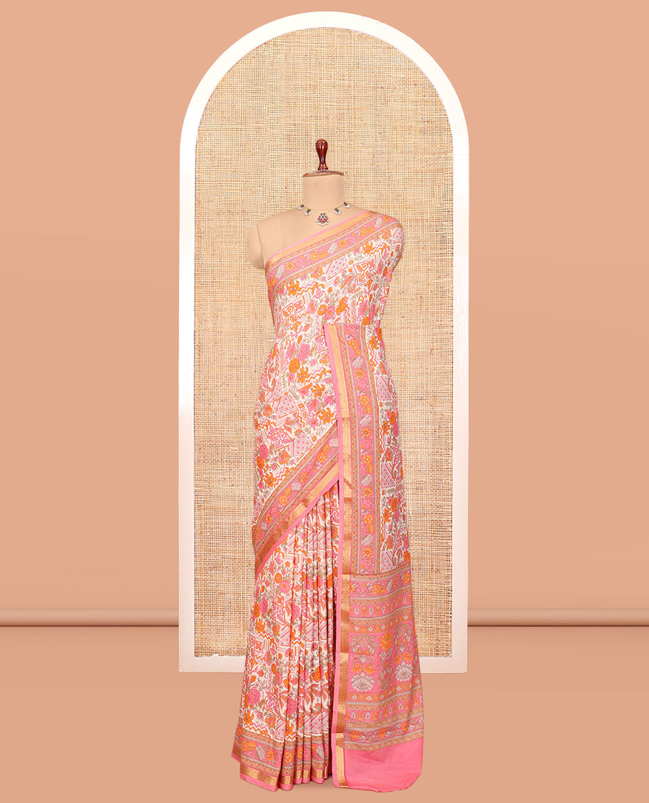 Off-White Intricately Printed Silk Saree, a Contrast Traditional Border, Floral Pallu, a Contrast Blouse