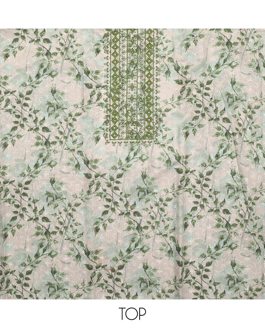 White and green material chudidar set, floral print, cut work and embroidered top, contrast plain bottom, and sequins striped dupatta