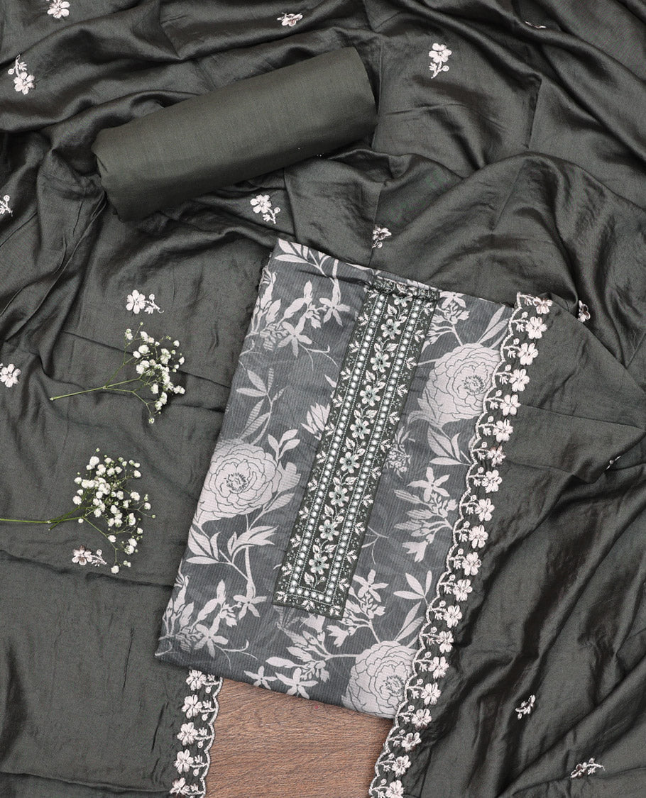 Grey Material Chudidar Set, Prettified with Floral Print and Embroidery on Cotton Top, a Plain Bottom, and Paired with a Floral Embroidered Scallop Dupatta