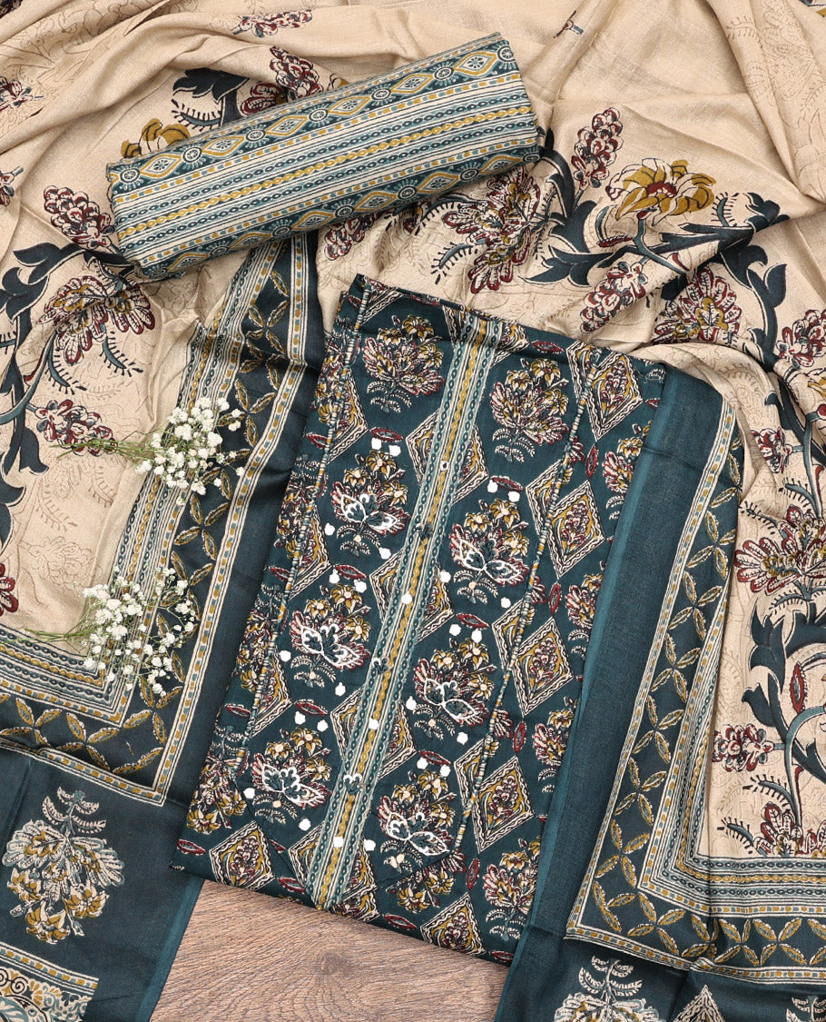 Blue Cotton Material Chudidar Set, Elevated with Intricate Motifs Print, and Embroidery on Its Cotton Top, a Geometric Printed Cotton Bottom, and Paired with Printed Cotton Dupatta