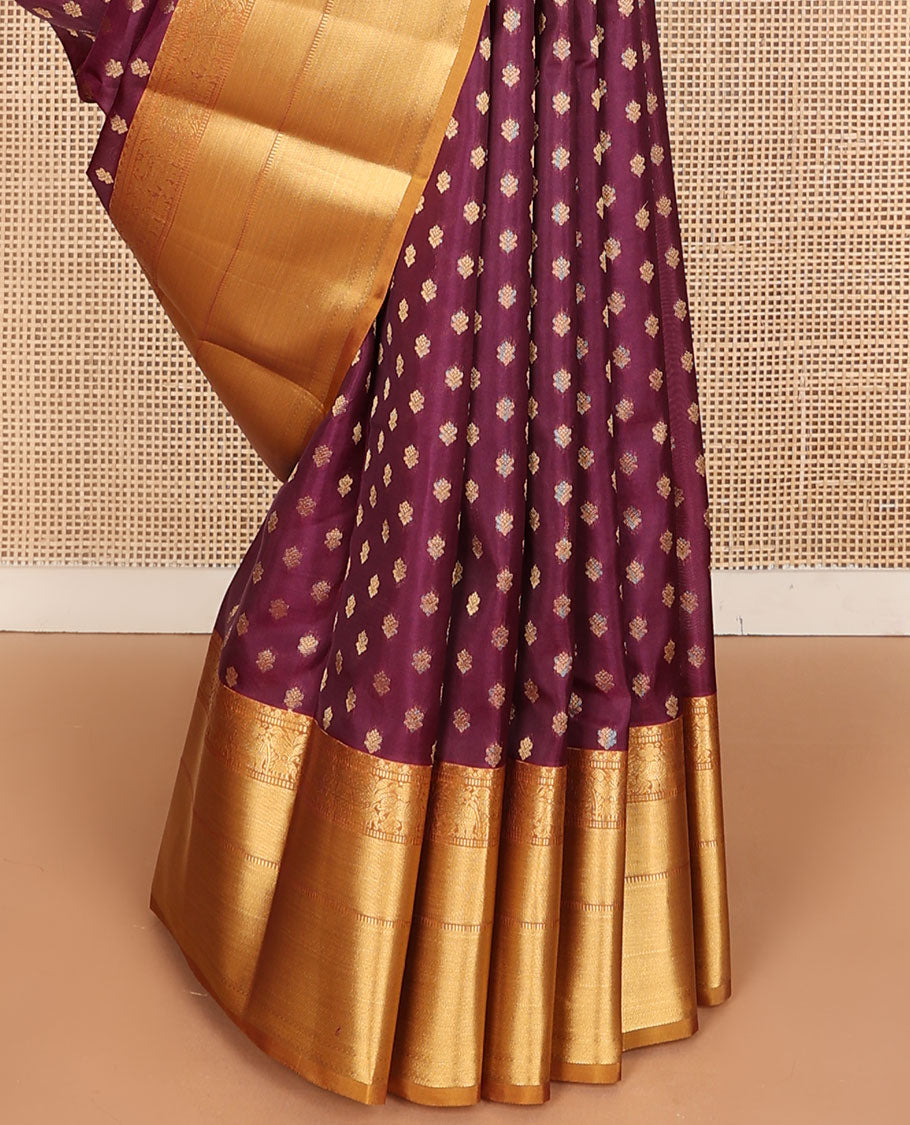Purple zari buttas vasundhara silk mix saree, contrast border of thilakam mokku,muthu,mayil & yaanai design & intricate jaal pallu