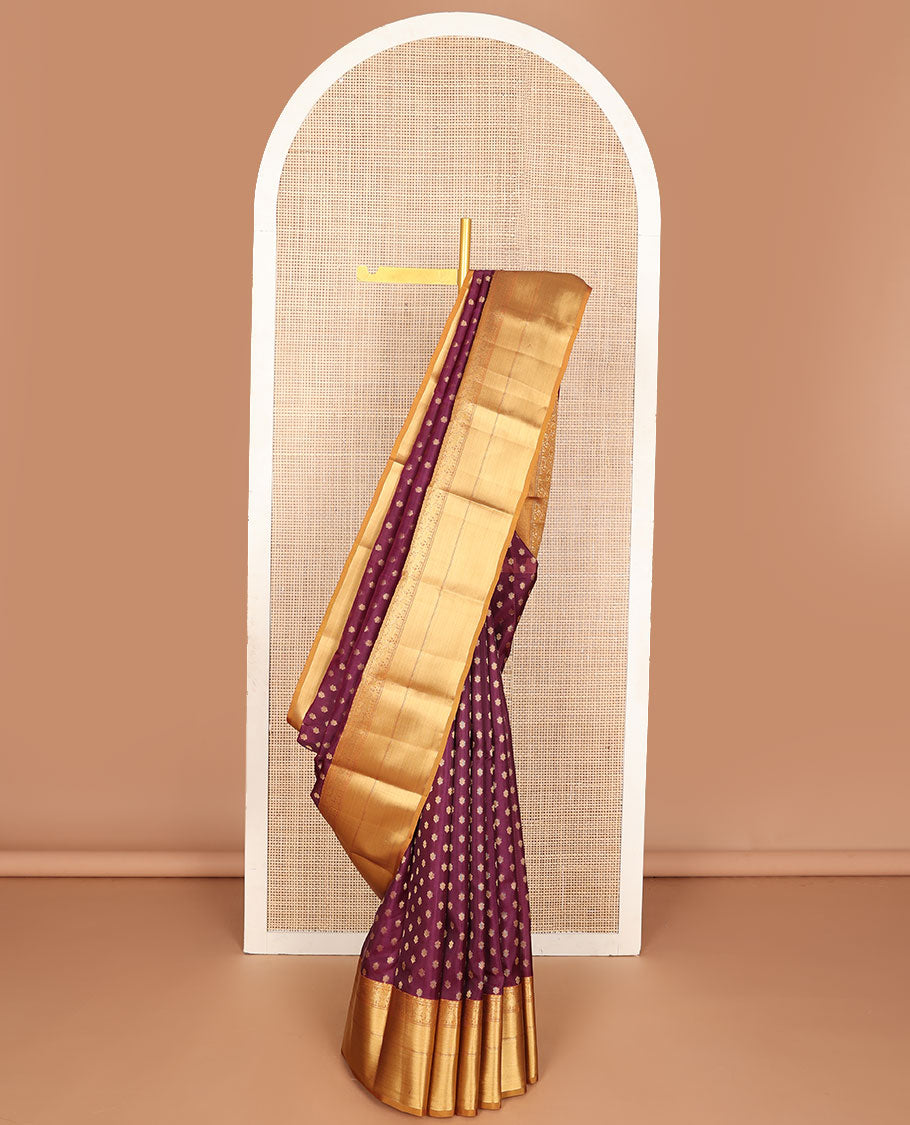 Purple zari buttas vasundhara silk mix saree, contrast border of thilakam mokku,muthu,mayil & yaanai design & intricate jaal pallu