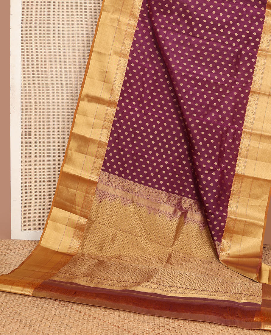Purple zari buttas vasundhara silk mix saree, contrast border of thilakam mokku,muthu,mayil & yaanai design & intricate jaal pallu