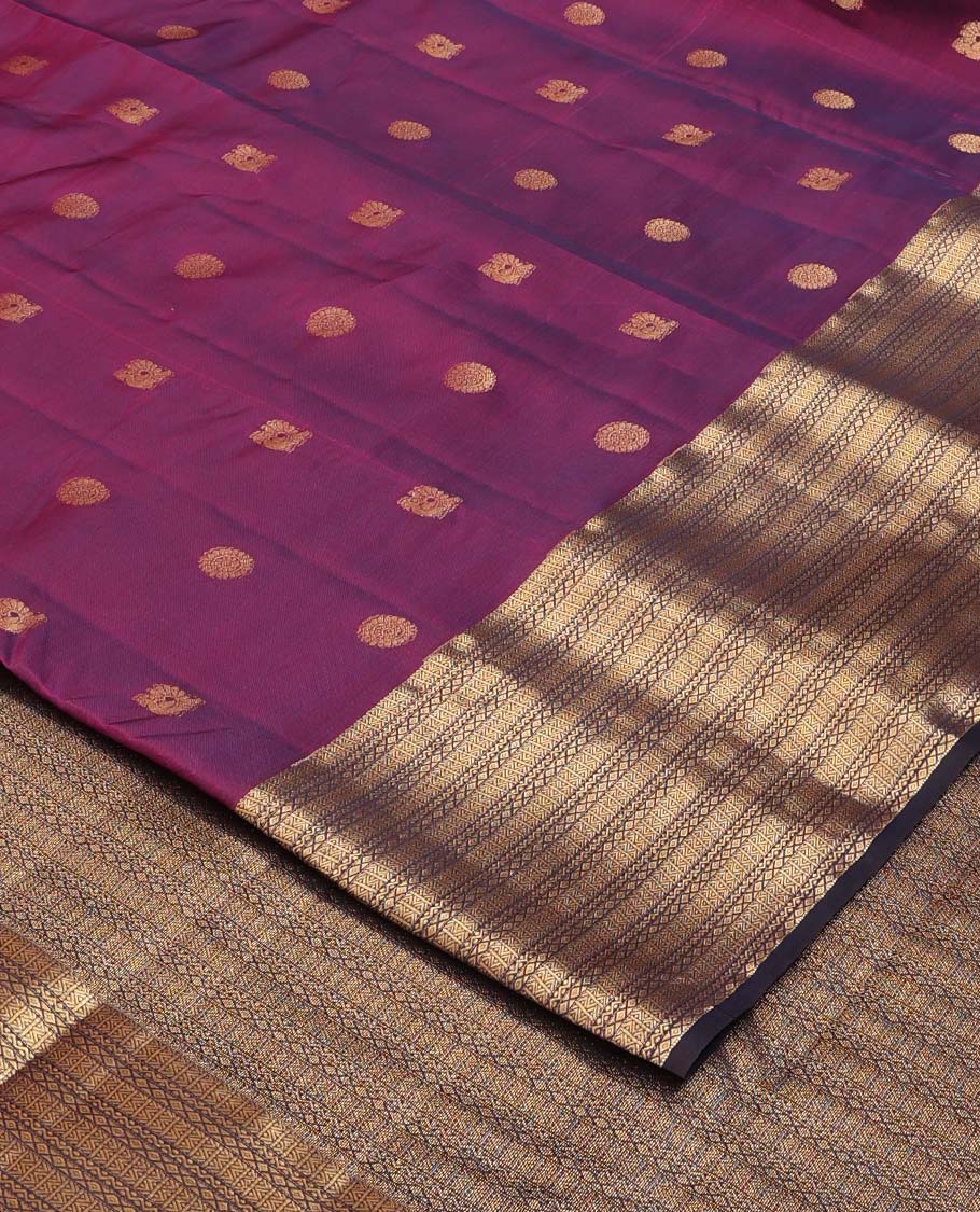 Purple mayil chakram zari motifs Vasundhara silk mix saree, contrast border, and pallu of traditional zari designs
