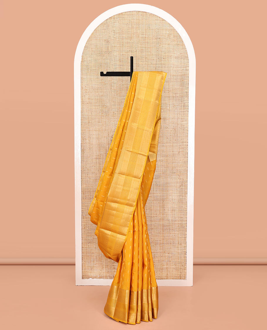 Yellow Vasundhara Lite Silk Mix Saree, Subtly Sparkled with Zari Buttas All Over Its Body, Highlighted by Traditional Zari Designs, Grand Pallu and Paired with a Matching Blouse