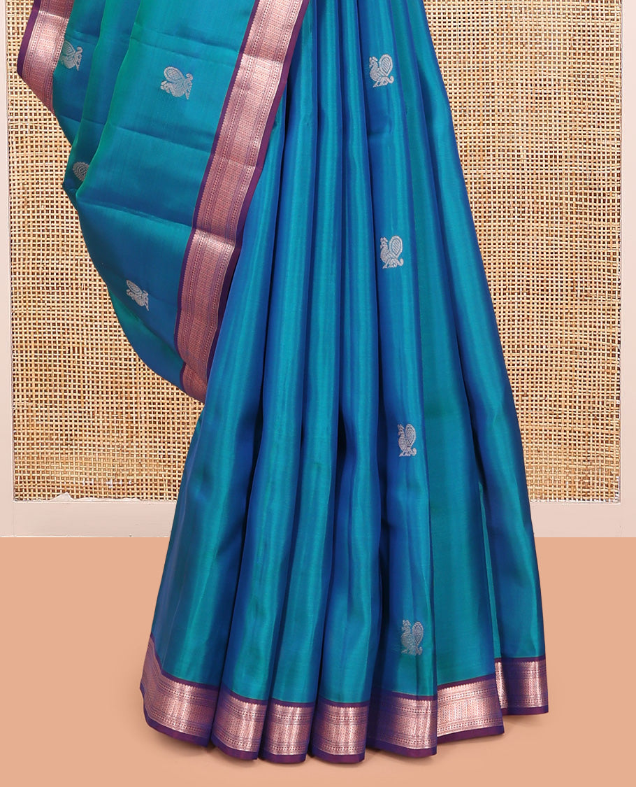 Peacock Blue Vasundhara Lite Silk Mix Saree, Elevated with Mayil Buttas, a Contrast Traditional Zari Border, Grand Jaal Pallu, and a Contrast Blouse