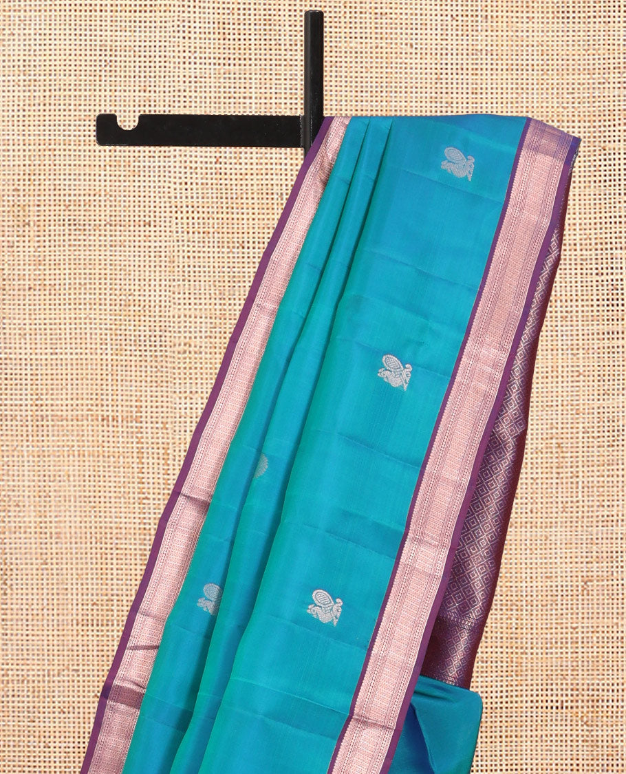 Peacock Blue Vasundhara Lite Silk Mix Saree, Elevated with Mayil Buttas, a Contrast Traditional Zari Border, Grand Jaal Pallu, and a Contrast Blouse