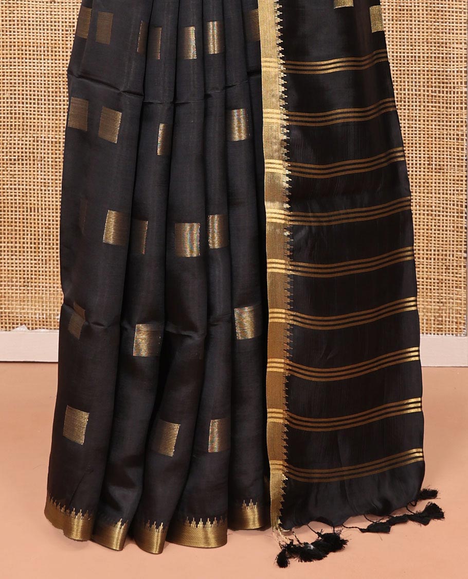 Black Banana Pith Saree, Beautified with Square Buttas All Over Its Body, Subtle Zari Temple Border, Pallu Steeped with Stripes, and Paired with a Matching Blouse
