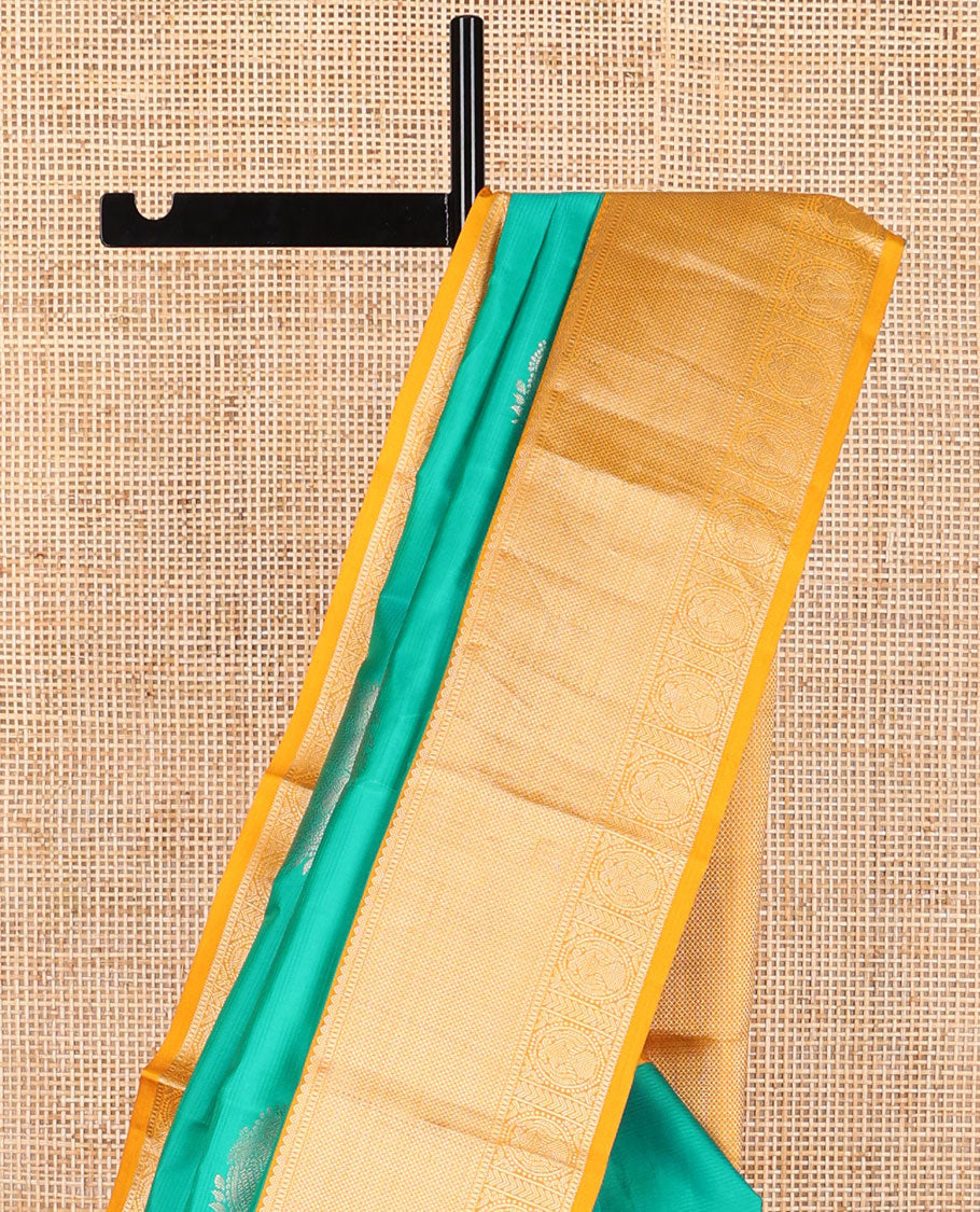 Green buttas silk saree with contrast border thilakm mokku, banaras, muthu design & floral design pallu