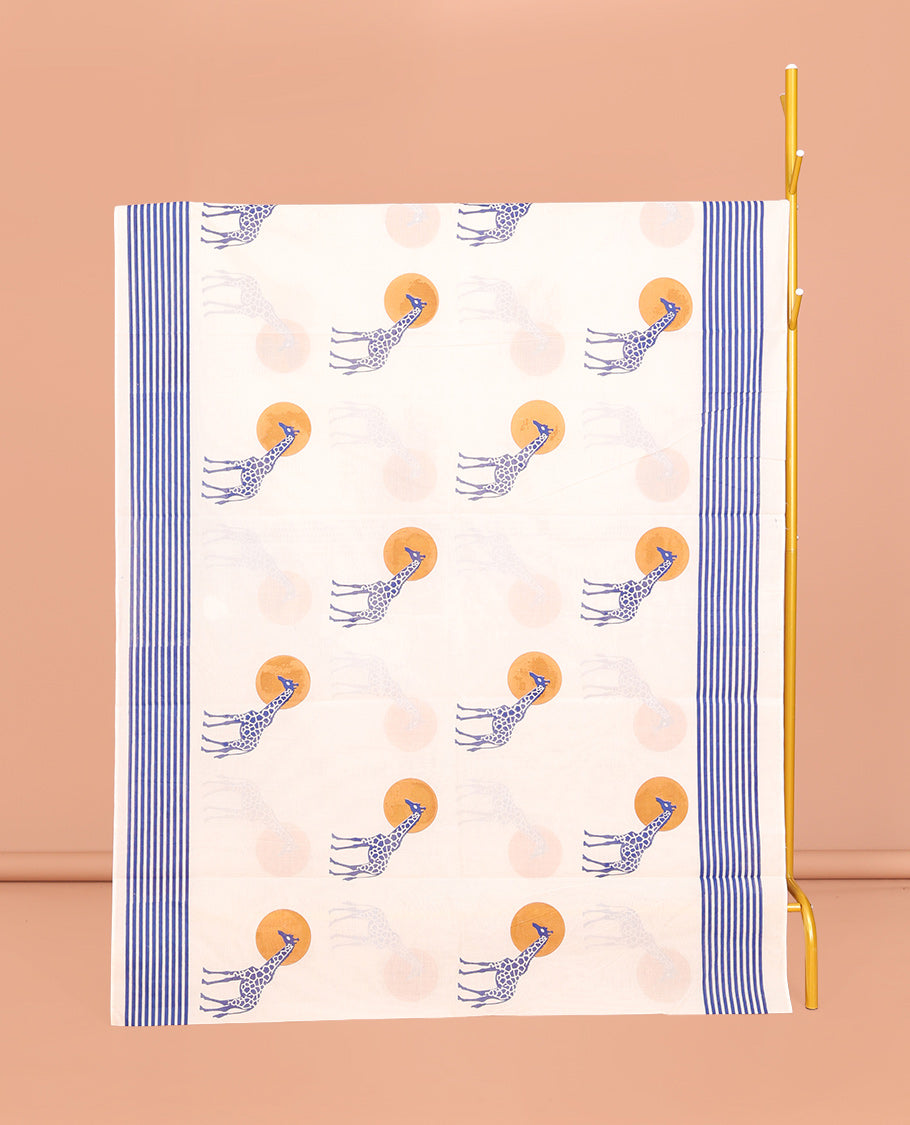 Cream Kerala Cotton Saree, Embellished with Sun and Giraffe Motifs, a Subtle Striped Border, and a Matching Blouse