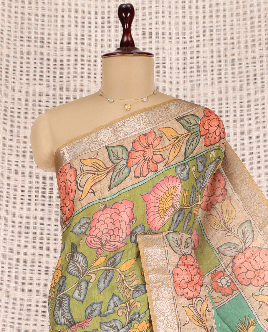 Green Kalamkari Printed Fancy Tussar Saree