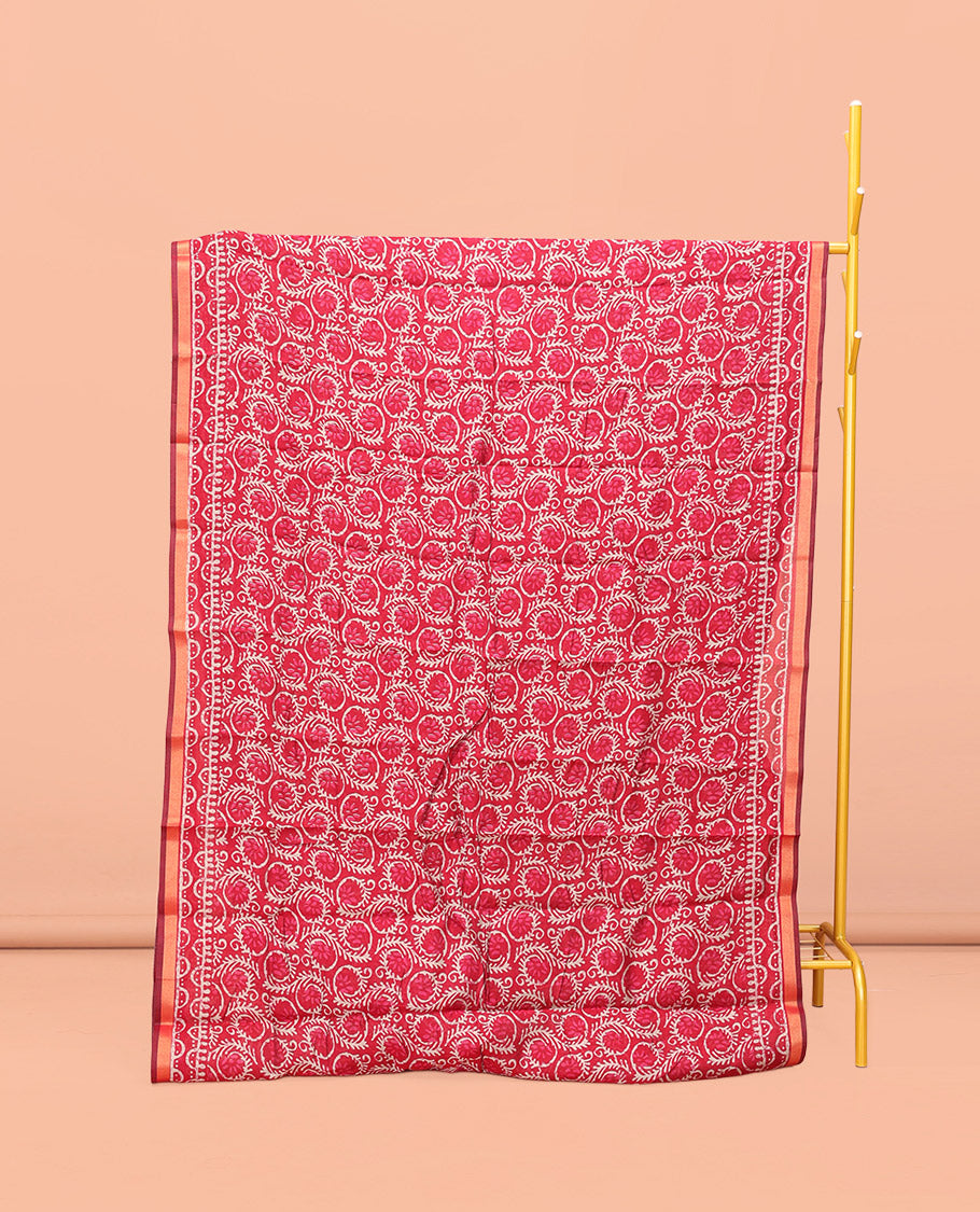 Red Kanchi Cotton Saree, Decorated with Floral Vine Printed All Over Its Body, a Subtle Border, Pallu of Geometric and Peacock Feather Print, and Paired with a Contrast Blouse