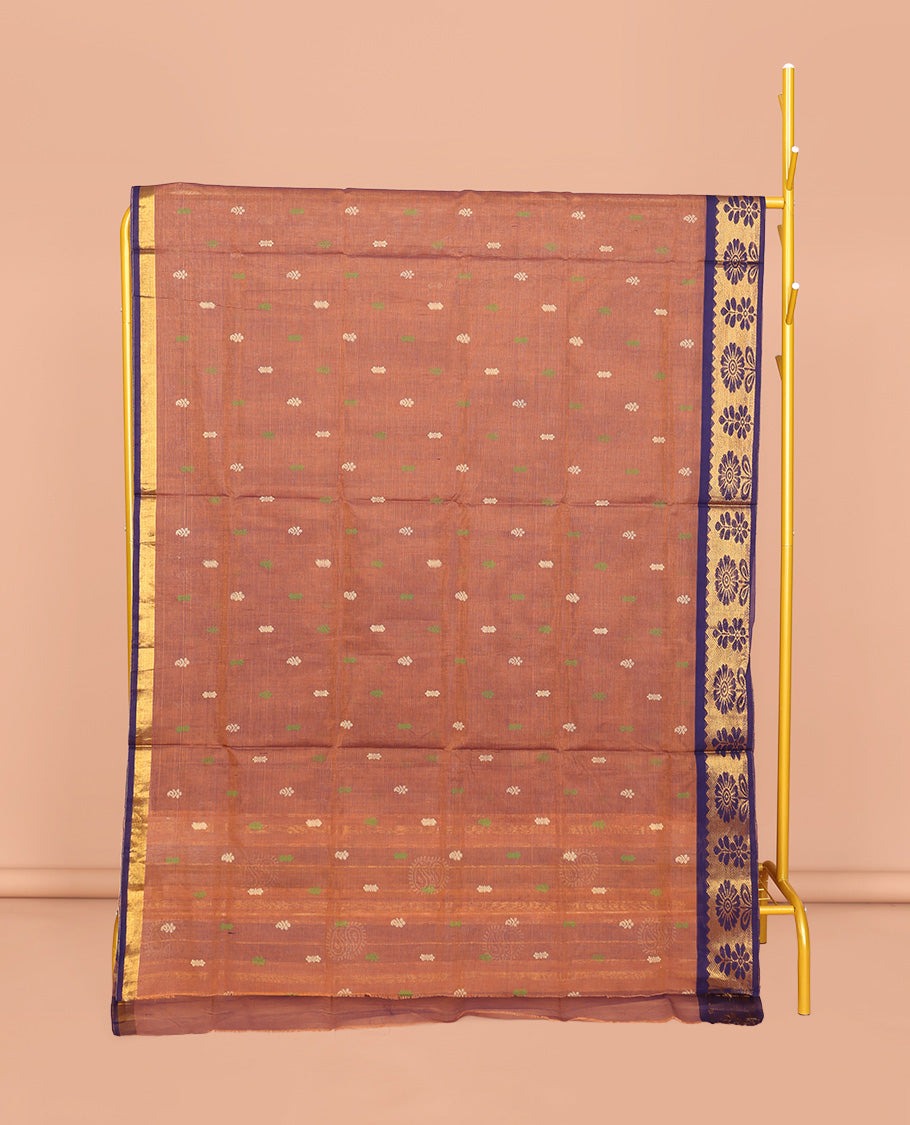 Light Brown Venkatagiri Cotton Saree, Graced with Buttas, a Contrast Floral Design Zari Border, Pallu of Buttas and Stripes, and No Blouse