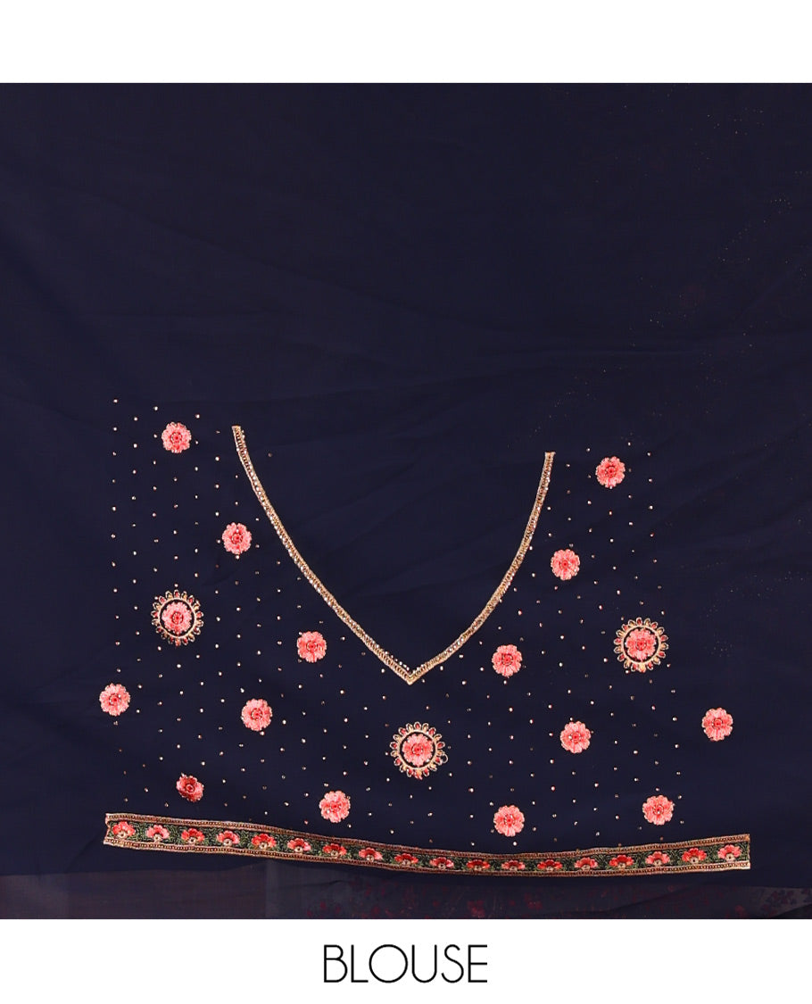Navy Blue Georgette Saree, Ornamented with Intricate Paisleys, Kashmir Embroidered and Stone Work on Its Body, a Self-Embroidered Border, and Paired with an Embroidered Blouse