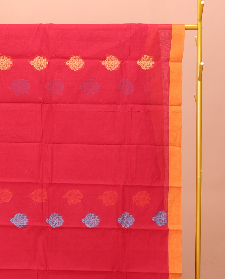 Red Kanchi Cotton Saree Features Buttas on Its Body, Complemented by a Contrast Border, Floral-Geometric Design Pallu, and a Matching Blouse