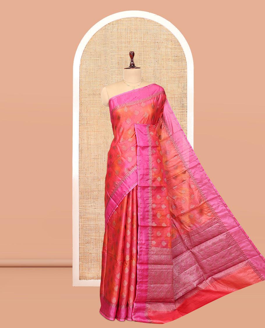Pink -Orange Tussar Silk Saree, Enriched with Zari Buttas, Highlighted by a Zari Border, Floral Design Pallu, and a Matching Blouse
