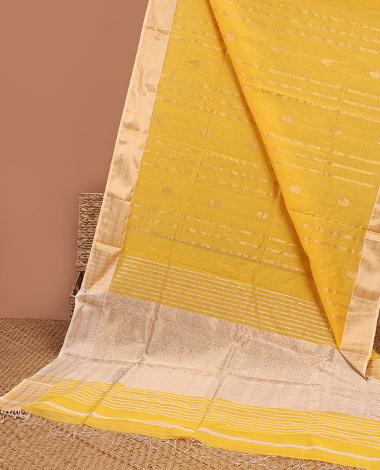 Yellow Maheshwari cotton saree with stripes, contrast traditional zari border & intricate pallu