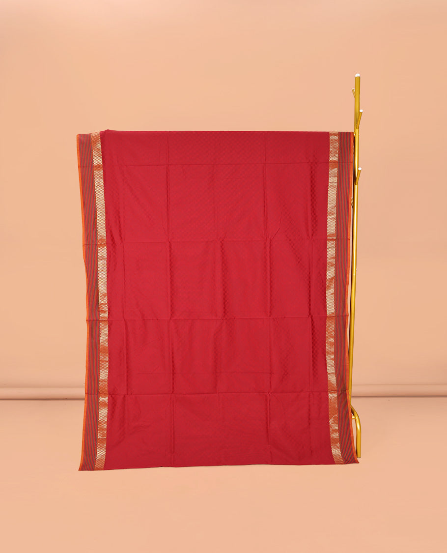 Red Checked Poly Cotton Saree, Complemented by a Contrast Zari Border, Contrast Striped Pallu, and Paired with a Contrast Blouse