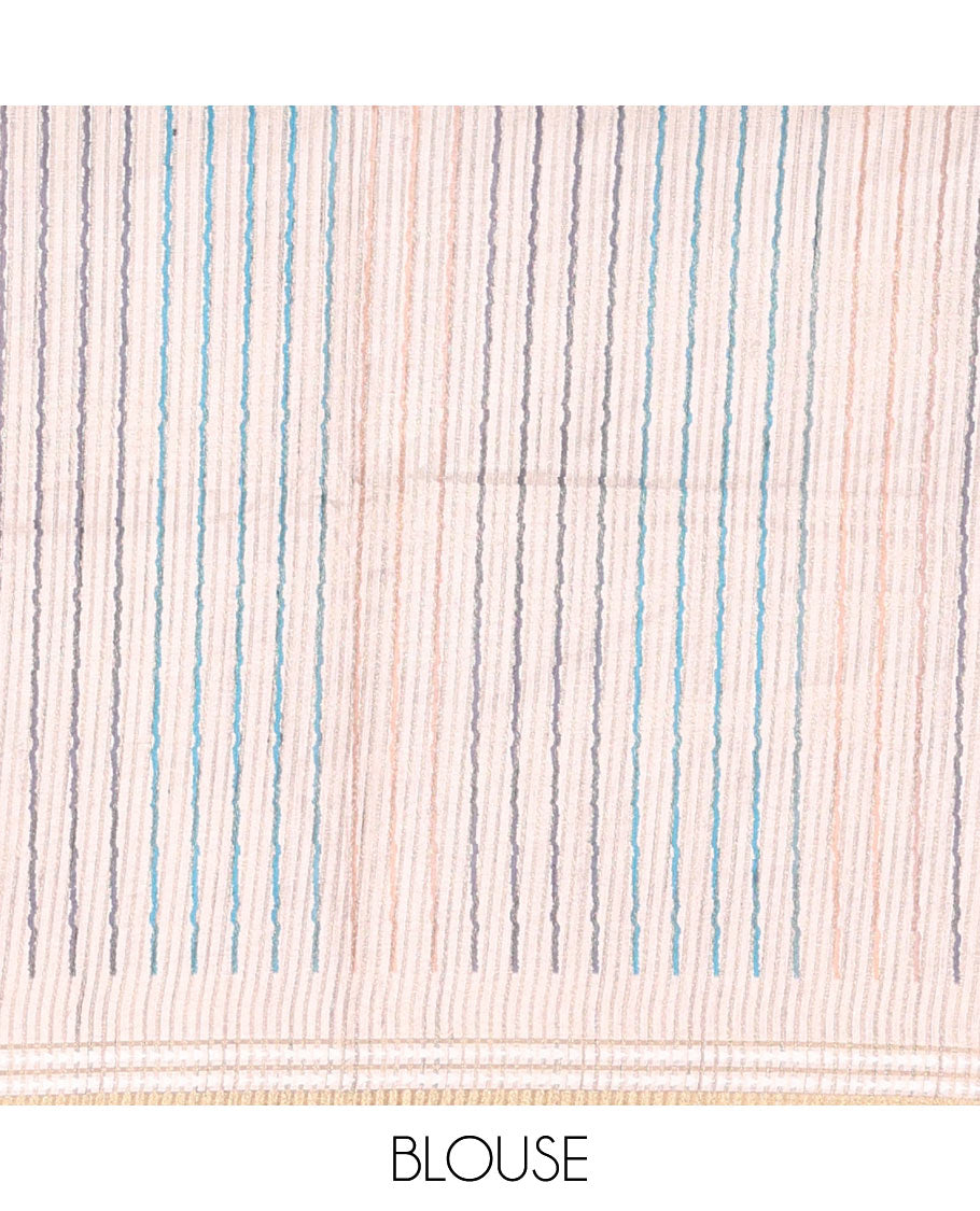 Chikku and Blue Plain Semi-Tussar Saree, Complemented by a Contrast Resham Thread Border, Tree of Life Printed Pallu, and Paired with a Contrast Bird Motifs Printed Blouse