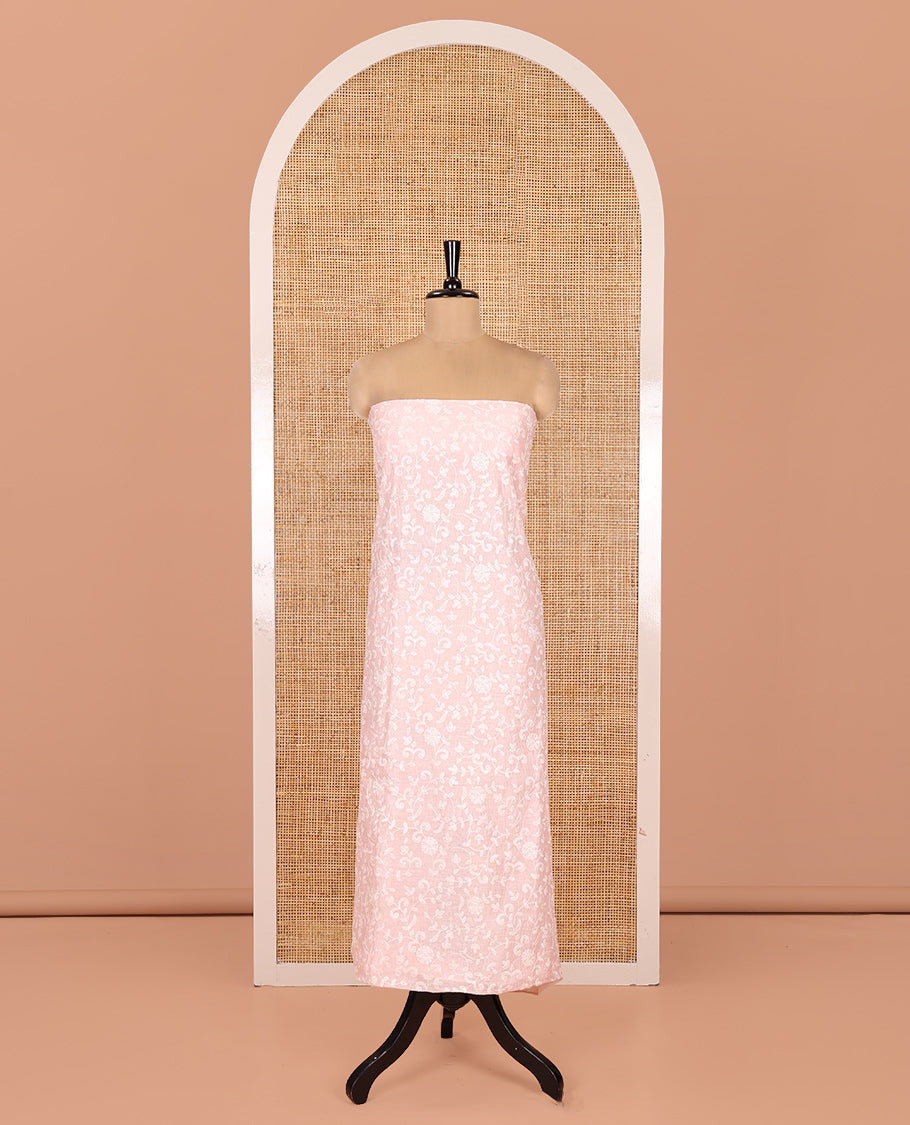 Peach Mul Chanderi Material Chudidar, Lucknowi-Style Embroidery Top, a Santoon Bottom, Scallop Embroidered Dupatta