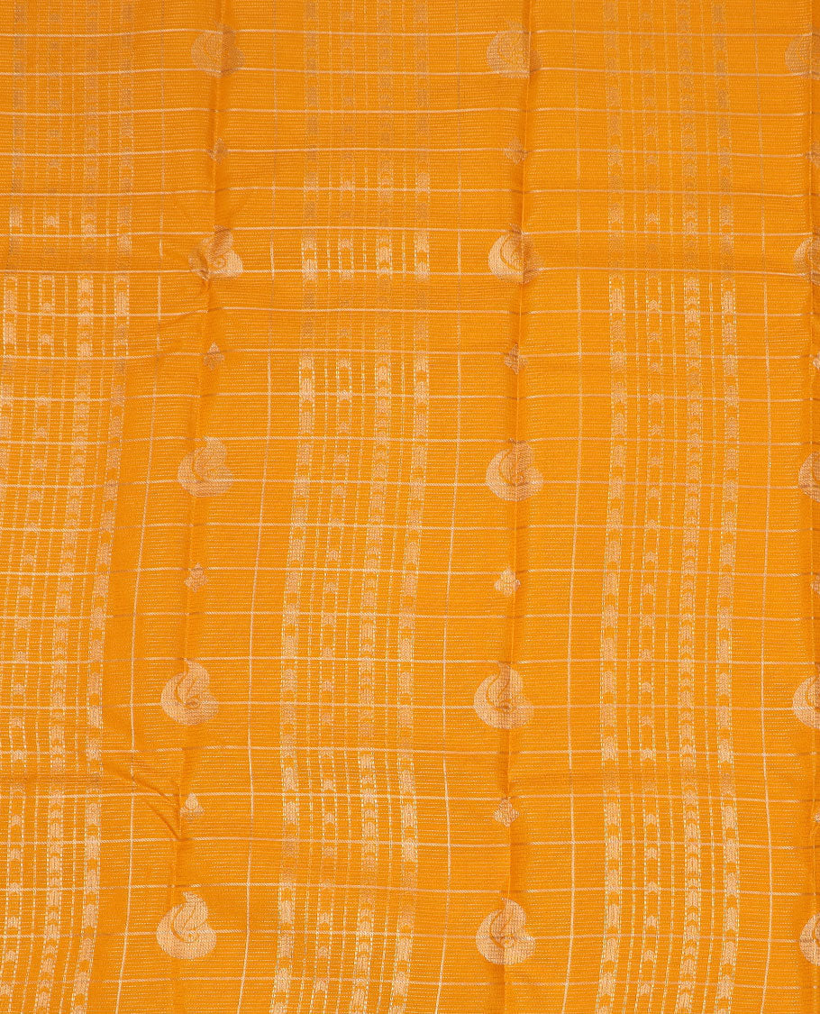 Orange art silk pavadai material set, zari design pavadai with contrast blouse & traditional zari rettai pettu border