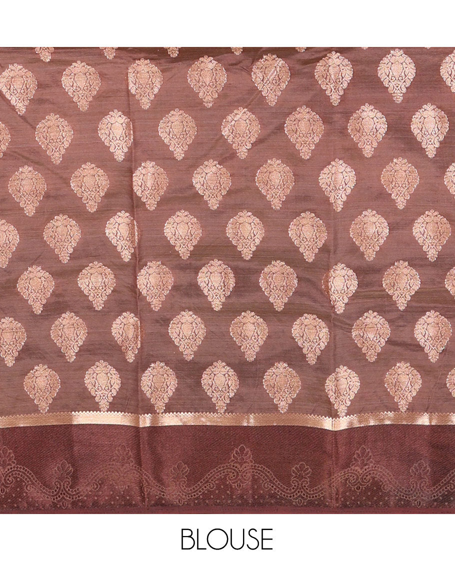 Brown Semi-Tussar Saree, Delicately Woven with Zari Buttas, a Satin Embossed Border, Gleaming Pallu, and a Matching Blouse
