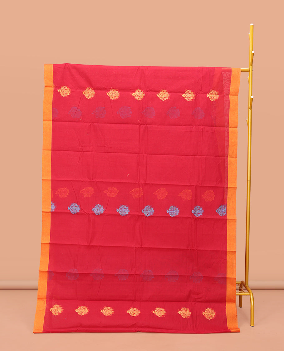 Red Kanchi Cotton Saree Features Buttas on Its Body, Complemented by a Contrast Border, Floral-Geometric Design Pallu, and a Matching Blouse