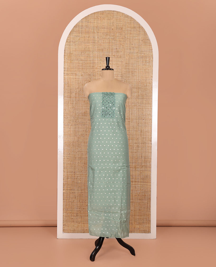 Pista Green Material Churidar Set, Elevated with Zari Buttas and Crosia Lace with Mirror Work Chanderi Top, Comes with a Plain Bottom, Zari Woven Chanderi Dupatta