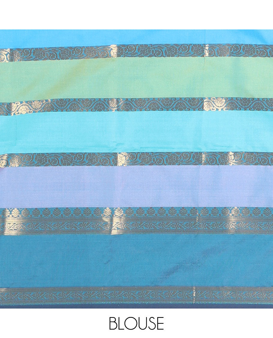 Multi-Color Semi-Soft Silk Saree, Meticulously Woven with Colorful Stripes and Floral Creeper Design on Its Body, Complemented by Contrast Rettai Pettu Traditional Zari Designs Woven Border, Grand Pallu, and Paired with a Contrast Blouse