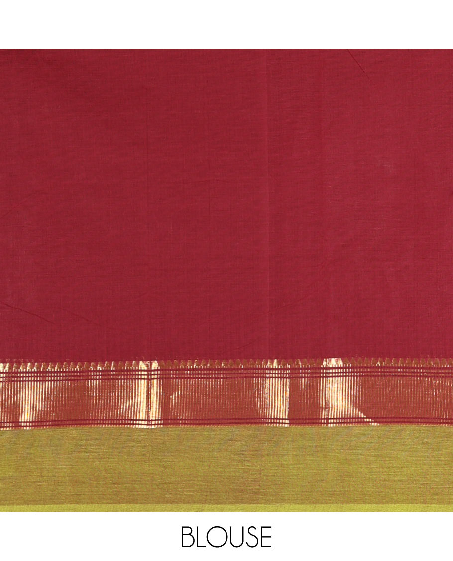 Maroon Plain Chettinad Cotton Saree, Complemented by Contrast Traditional Zari Temple Border, Subtly Striped Pallu, and Paired with a Matching Blouse