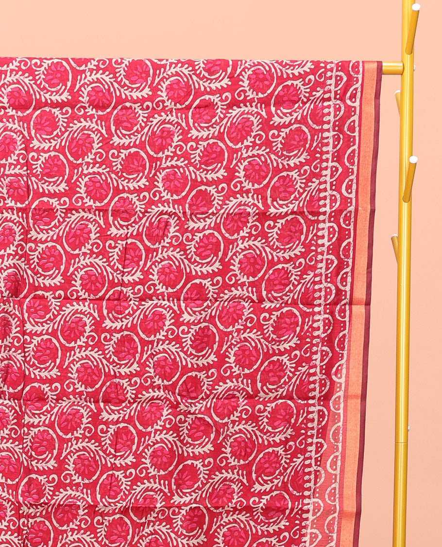 Red Kanchi Cotton Saree, Decorated with Floral Vine Printed All Over Its Body, a Subtle Border, Pallu of Geometric and Peacock Feather Print, and Paired with a Contrast Blouse