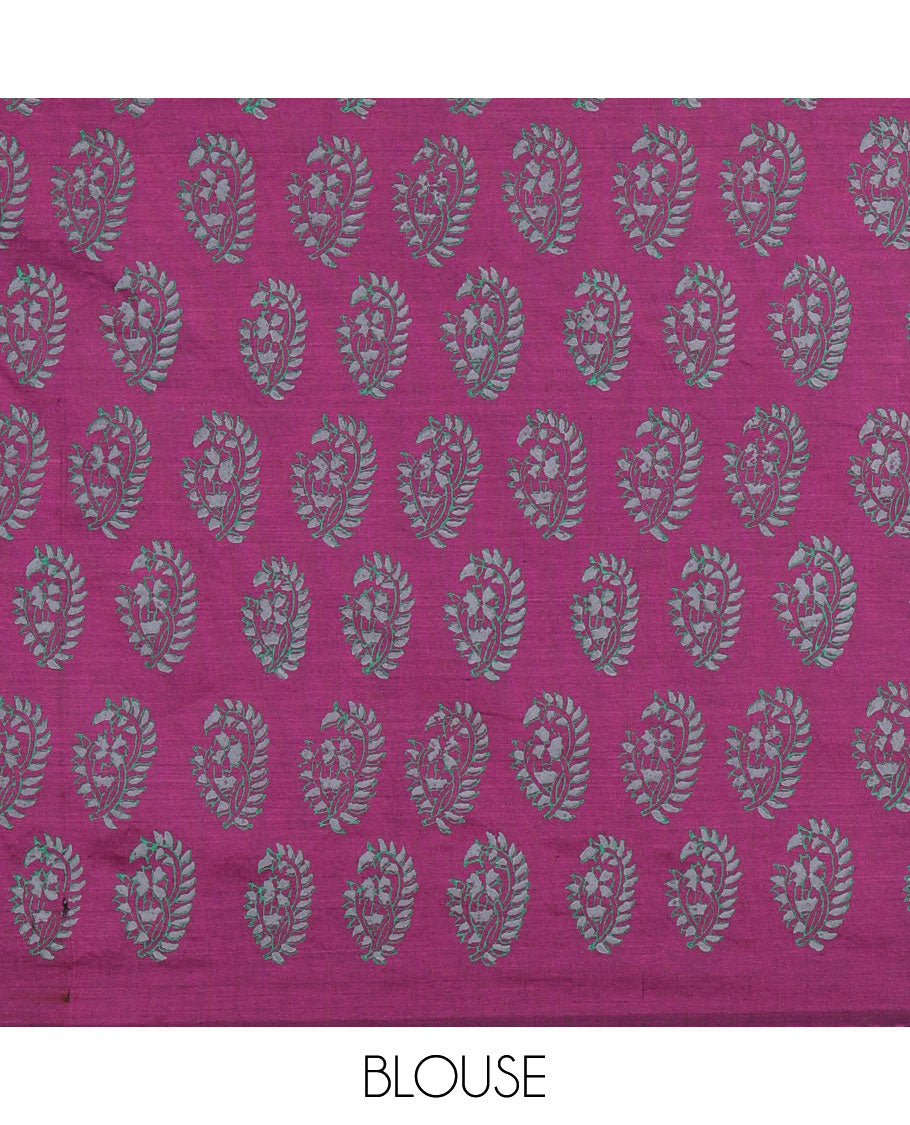 Borderless Pale Blue South Cotton Saree, Adorned with Floral Motifs, Block Printed on Its Body, Printed Pallu, Comes with a Matching Blouse, and a Contrast Block Printed Blouse