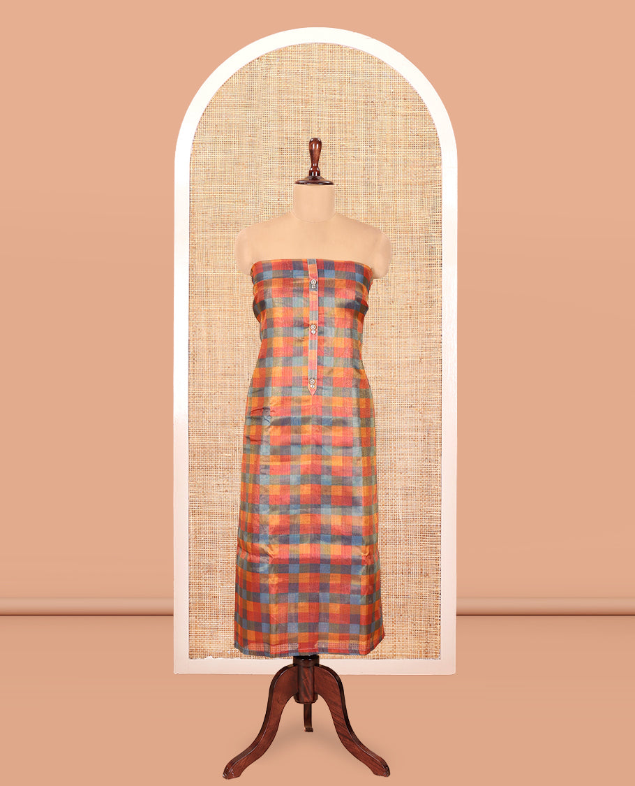 Multi-Color Shimmer Tissue Material Churidar, Detailed with Madras Checks Neckwork Top, a Contrast Bottom, Sequins Striped Dupatta