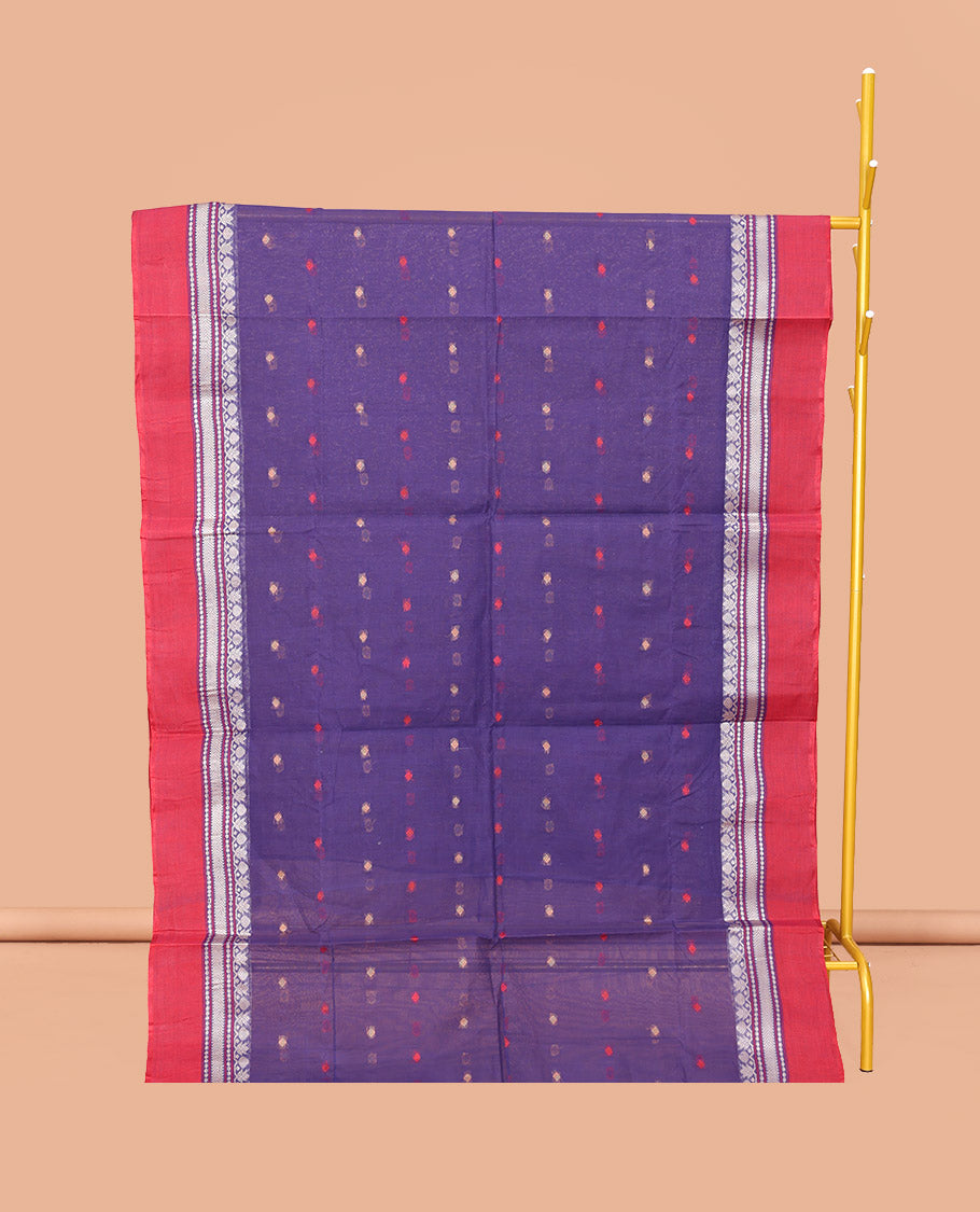 Violet Bengal Cotton Saree, Decked Up with Thread Buttas, a Contrast Traditional Design Border, Pallu of Stripes, and Buttas, and a Matching Blouse