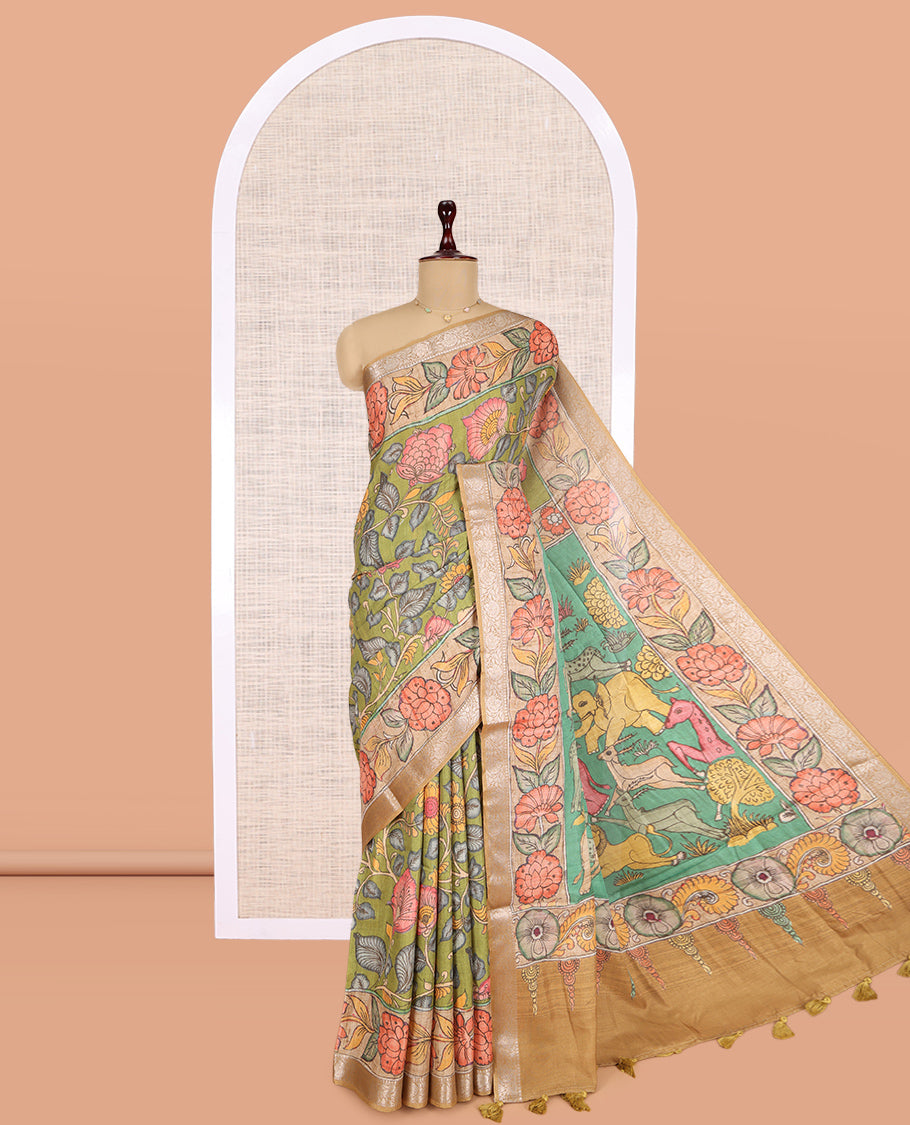 Green Kalamkari Printed Fancy Tussar Saree